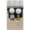 Image 1 : Pair of Vintage Oil Lamps with White Globe Shades, Brass and Floral Ceramic with Cast Iron Base