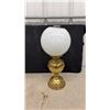 Image 2 : Pair of Vintage Oil Lamps with White Globe Shades, Brass and Floral Ceramic with Cast Iron Base