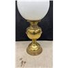Image 4 : Pair of Vintage Oil Lamps with White Globe Shades, Brass and Floral Ceramic with Cast Iron Base