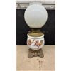 Image 7 : Pair of Vintage Oil Lamps with White Globe Shades, Brass and Floral Ceramic with Cast Iron Base