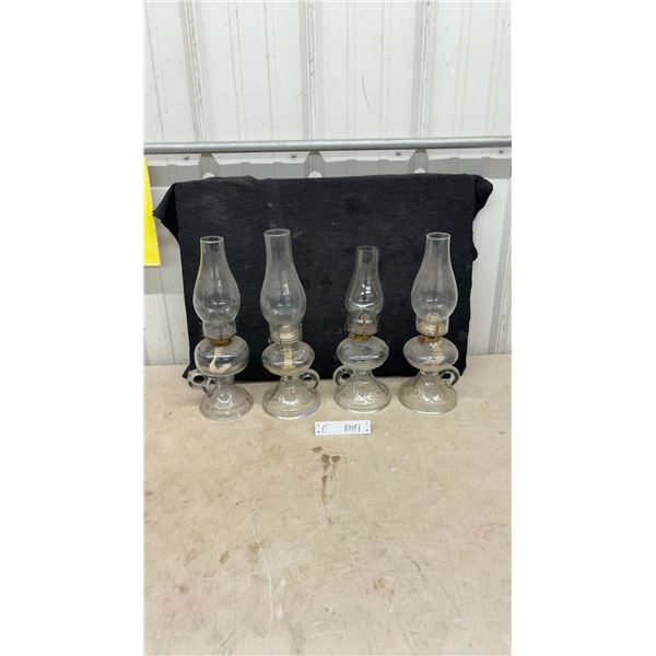 Set of Four Vintage Clear Glass Finger Oil Lamps with Fluted Bases and Glass Chimneys