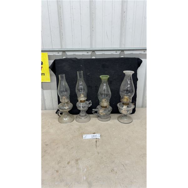 Four Vintage Clear Glass Oil Lamps with Hurricane Chimneys, Finger and Pedestal Styles