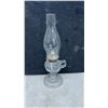 Image 2 : Four Vintage Clear Glass Oil Lamps with Hurricane Chimneys, Finger and Pedestal Styles