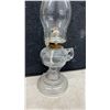 Image 3 : Four Vintage Clear Glass Oil Lamps with Hurricane Chimneys, Finger and Pedestal Styles