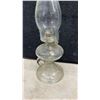Image 5 : Four Vintage Clear Glass Oil Lamps with Hurricane Chimneys, Finger and Pedestal Styles