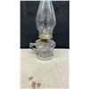 Image 7 : Four Vintage Clear Glass Oil Lamps with Hurricane Chimneys, Finger and Pedestal Styles