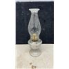 Image 8 : Four Vintage Clear Glass Oil Lamps with Hurricane Chimneys, Finger and Pedestal Styles