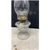 Image 9 : Four Vintage Clear Glass Oil Lamps with Hurricane Chimneys, Finger and Pedestal Styles