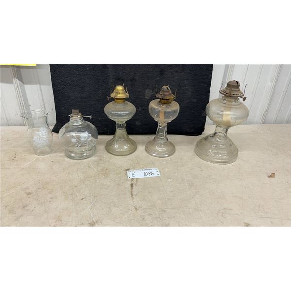 Vintage Clear Glass Oil Lamps with Frosted Floral Rose Design Shade, Set of 4