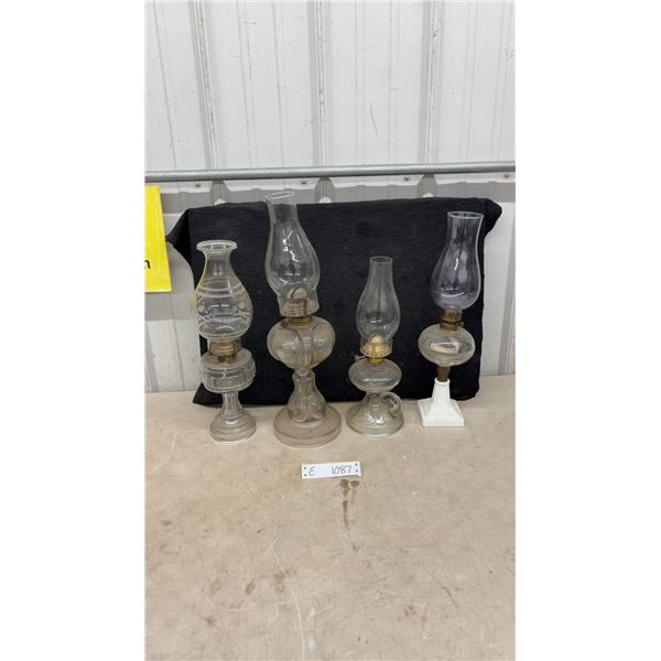 Four Antique Pressed Glass Oil Lamps with Chimneys