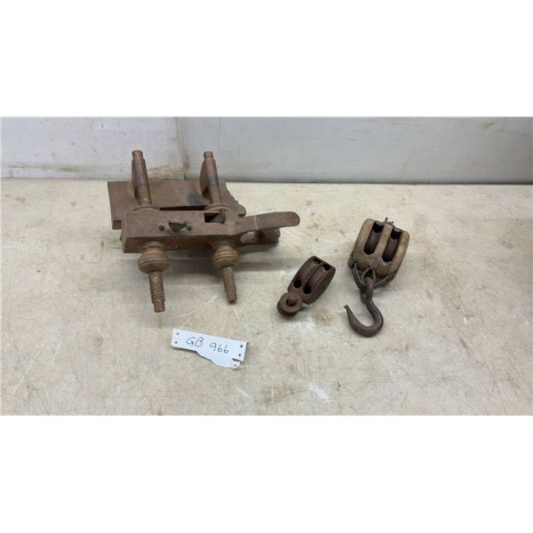 Vintage H. Evans Wooden Plough Plane and Two Antique Pulley Blocks with Iron Hook