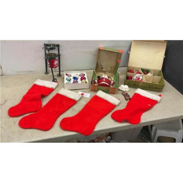 Vintage Santa-Glo Illuminated Tree Top, Glass Ornaments, Tree Stand, Red Fur Stockings