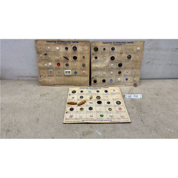 Three Vintage Federated Co-Operatives Limited Button Sample Display Boards by Famous Button Company