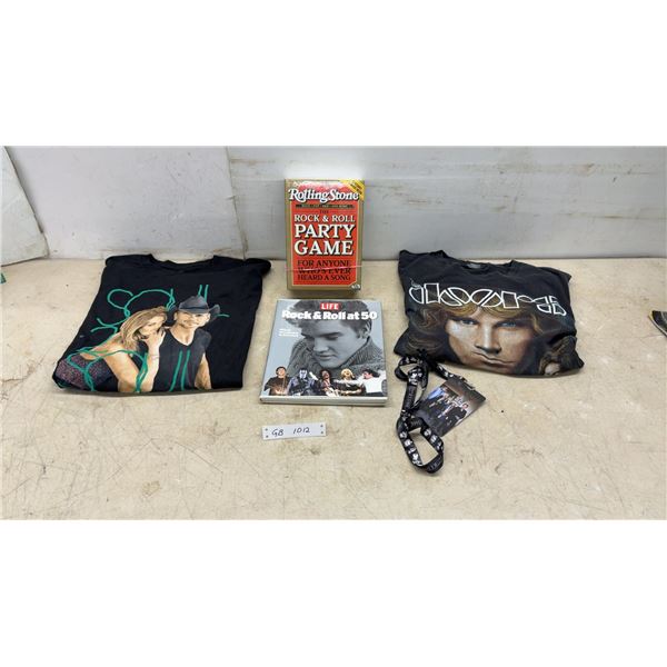 Rock and Roll Memorabilia Lot: Rolling Stone Party Game, Doors and Tim McGraw Size XL Shirts