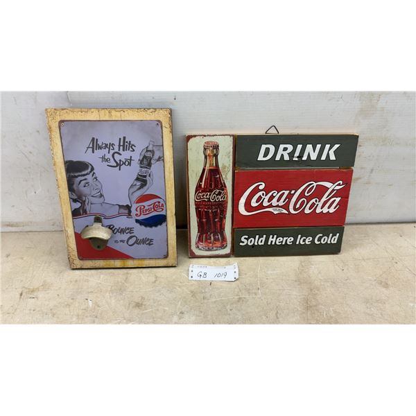 Pepsi-Cola Bottle Opener Plaque and Coca-Cola Wooden Wall Signs, Largest 11 × 14 1/2”