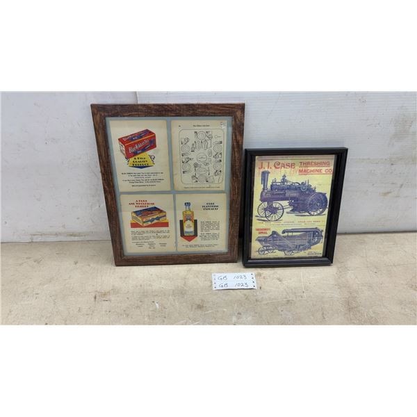 Framed Blue Ribbon Tea Advertisements and J.I. Case Threshing Machine Company Print