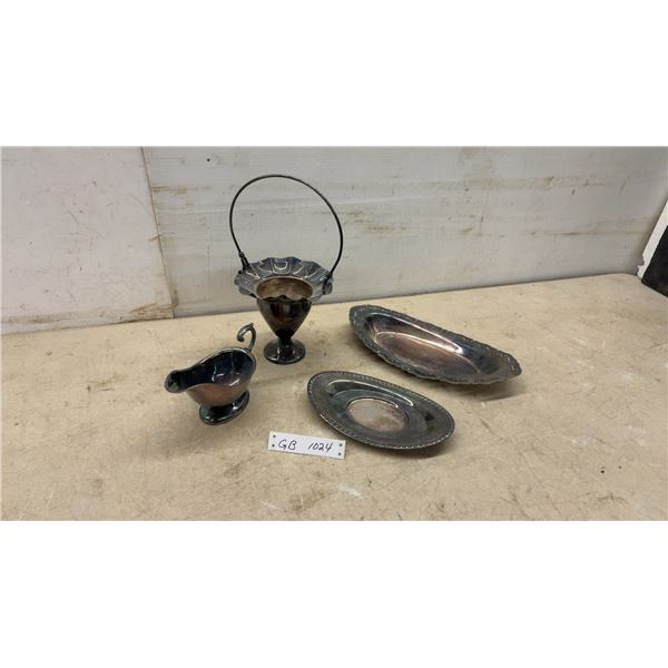Silver-Plated Serving Set Including Bonbon Dish, Gravy Boat, Two Oval Trays