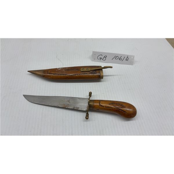 Vintage Handmade Knife with Carved Wooden Handle, Brass Crossguard, Matching Wooden Sheath