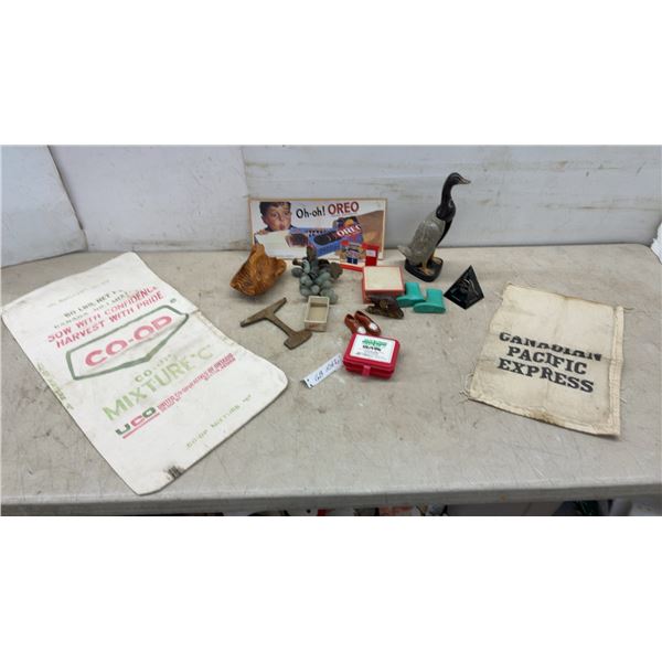 Co-op Mixture "C" Bag, Canadian Pacific Express Bag, Oreo Sign, Duck Brush Holder