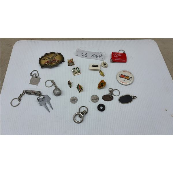 Vintage CN Rail and CP Rail Collectibles Including Keychains, Pins, Buttons