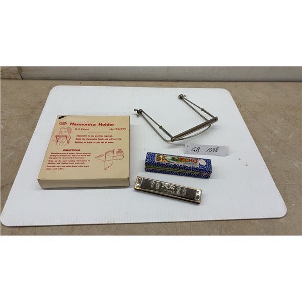Vintage Hohner "The Echo" Tremolo Harmonica with Box and Elton Patent Harmonica Holder