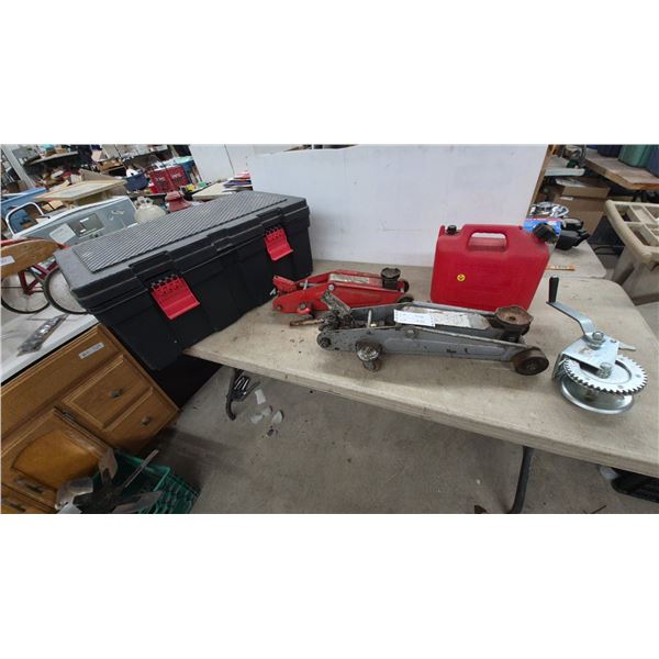 Two Hydraulic Floor Jacks, 1300 Pound All-Purpose Hand Winch and Gas Can