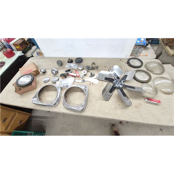 Vintage Automotive Parts Lot: Cragar Center Cap, Headlight Lenses, Bezels, Fan Blade