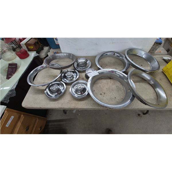Chevrolet 1967-1968 15” Disc Brake Hubcaps, Dog Dish Center Caps, Chrome Trim Rings