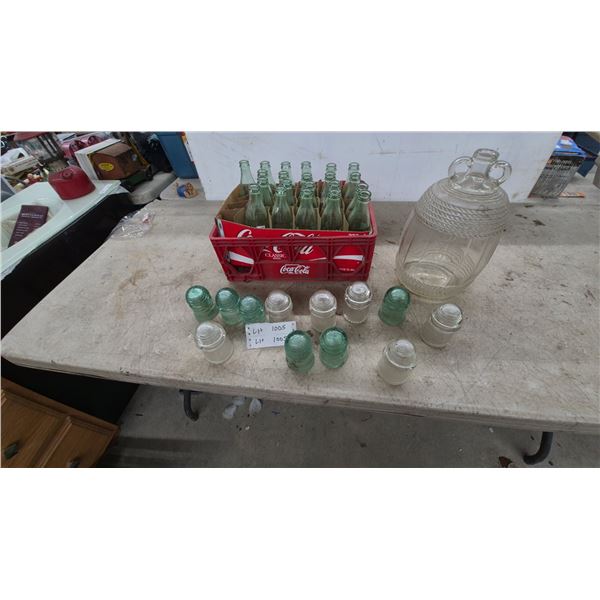 Coca-Cola Crate with Bottles, Glass Jug with Handles, Assorted Glass Insulators