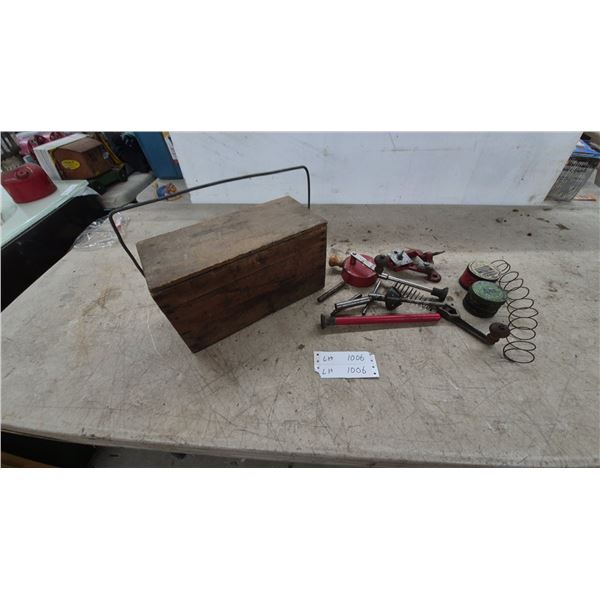 Vintage Wooden Toolbox with Valve Grinder, Spring Compressor, Lapping Sticks and Clover Compound