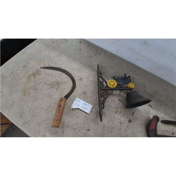 Cast Iron Wall-Mounted Tractor Dinner Bell, Hand Sickle with Wooden Handle