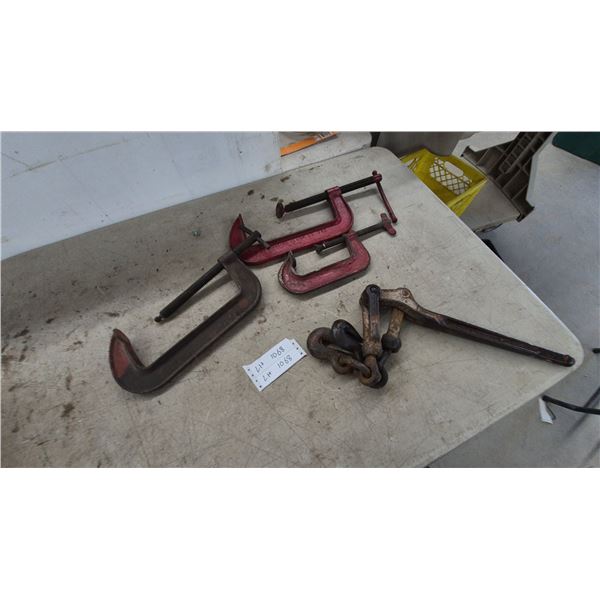 Three Cast Iron C-Clamps and American Hoist Lever-Style Chain Binder