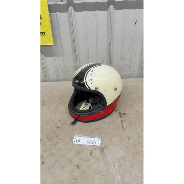 Vintage-Style Motorcycle Helmet, Cream and Black with Red Trim, Size Large