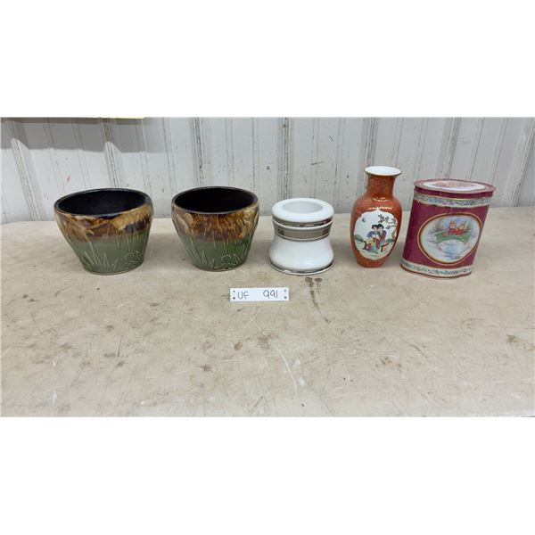 White and Silver Ceramic Holder, 2 Brown and Green Ceramic Planters, Peter Rabbit Tin