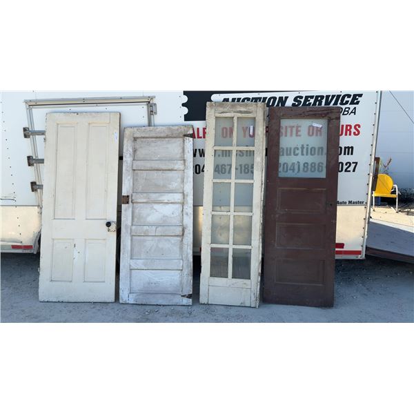 4 Vintage Wooden Doors, 2 with Glass and 2 without, Sizes from 74” × 30” to 83” × 24”