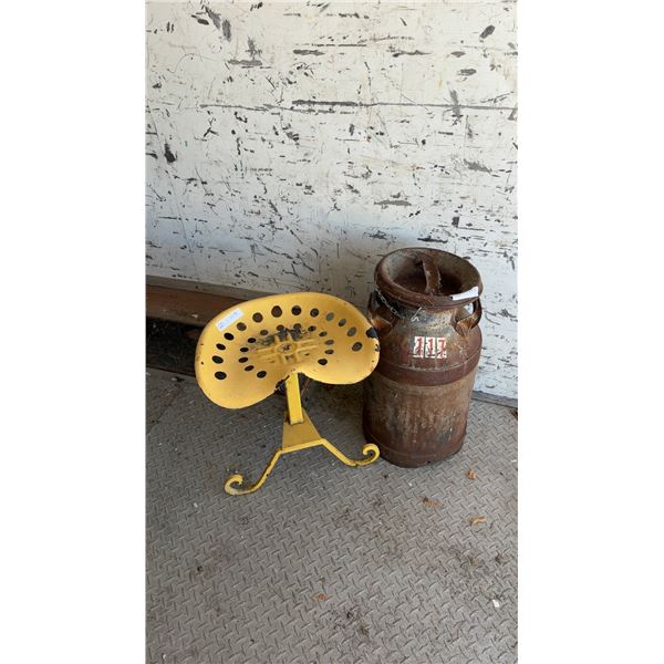 Milk Can and Metal Tractor Seat Chair, Rustic Farm Decor