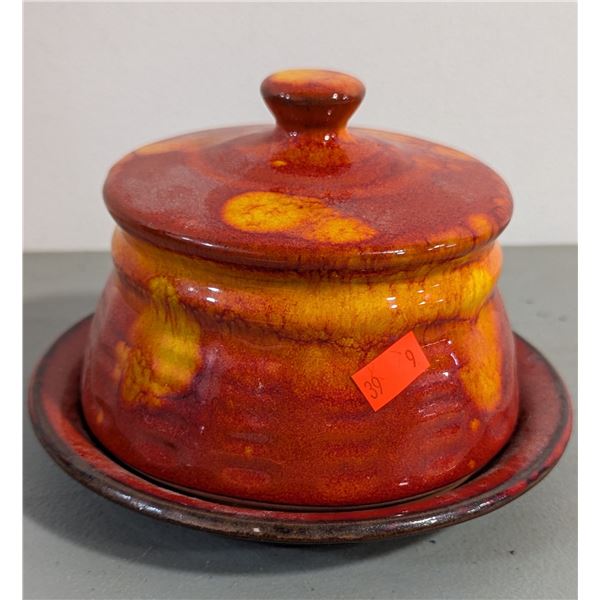 VTG Red & Yellow Glazed Ceramic Covered Dish