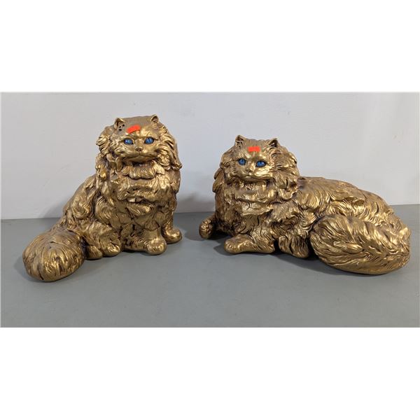 VTG 1979 Gold Persian Cat Statues w/ Blue Eyes - Pair