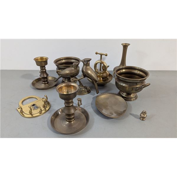 Brass Decor Lot - Candlesticks, Bird Figurines, Planter & More