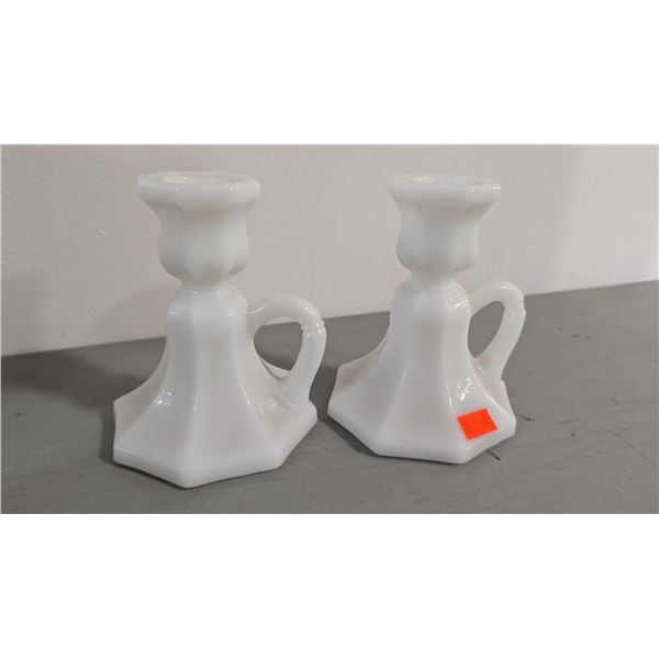 VTG White Milk Glass Candlestick Holders w/ Handles - Pair