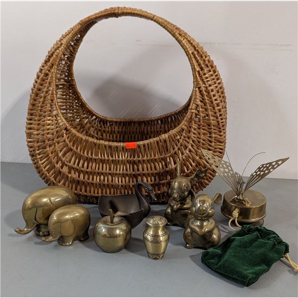 VTG Rattan Basket Purse w/ Brass Elephant, Swan, Apple & Animal Figurines
