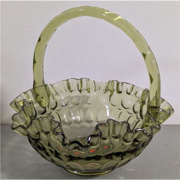 VTG Green Glass Ruffled Basket w/ Handle