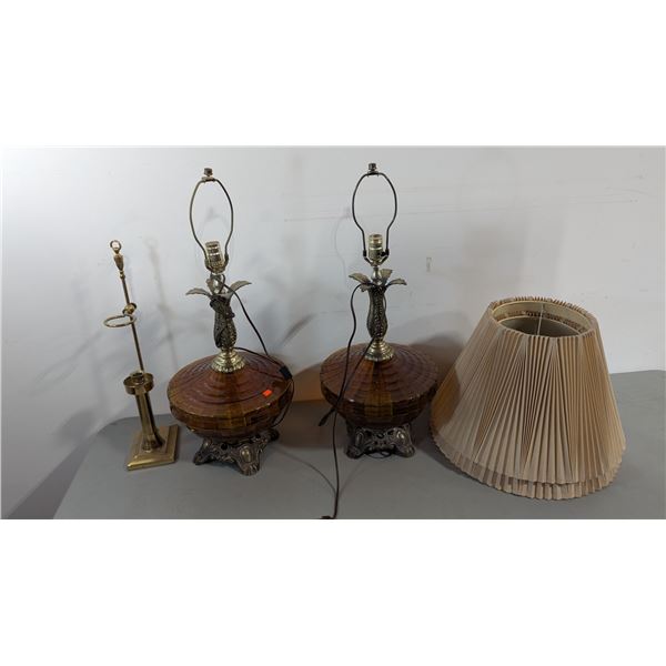 VTG Pair of Amber Glass & Brass Table Lamps w/ Shades