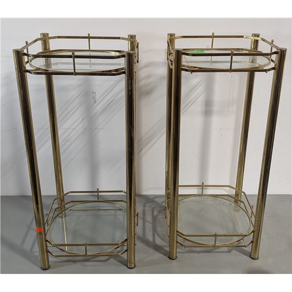 VTG Pair of Brass & Glass Two-Tier Plant Stands / Accent Tables
