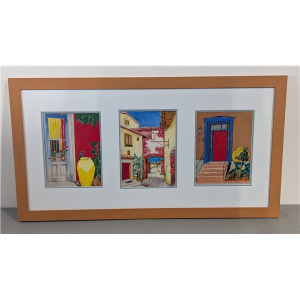 Framed Architectural Art Triptych - Colourful European Street Scenes