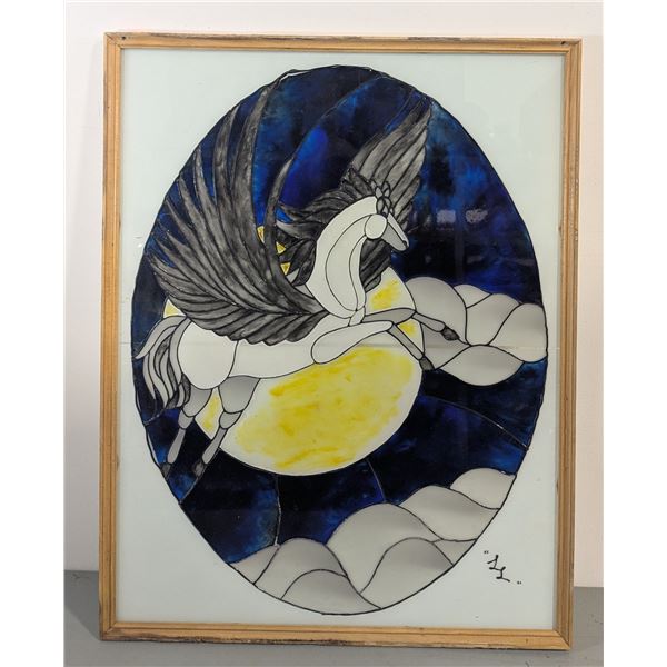 Framed Stained Glass Pegasus Panel - Signed “LL”