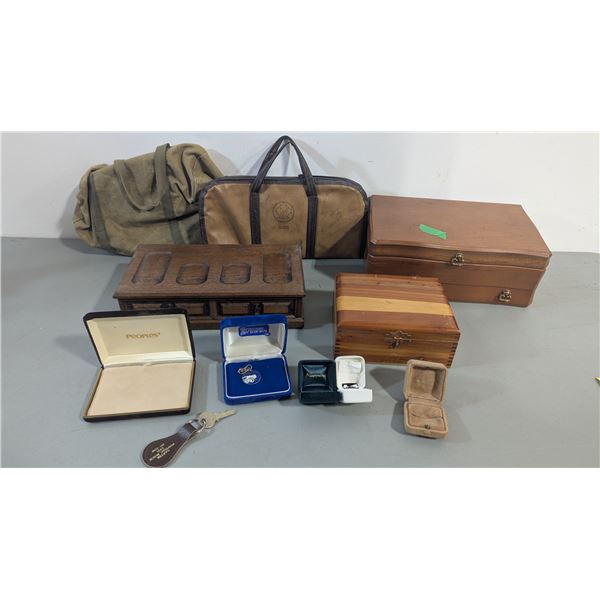 Assorted Storage Lot w/ Edwards Day Canada Bag, Wooden Boxes & More