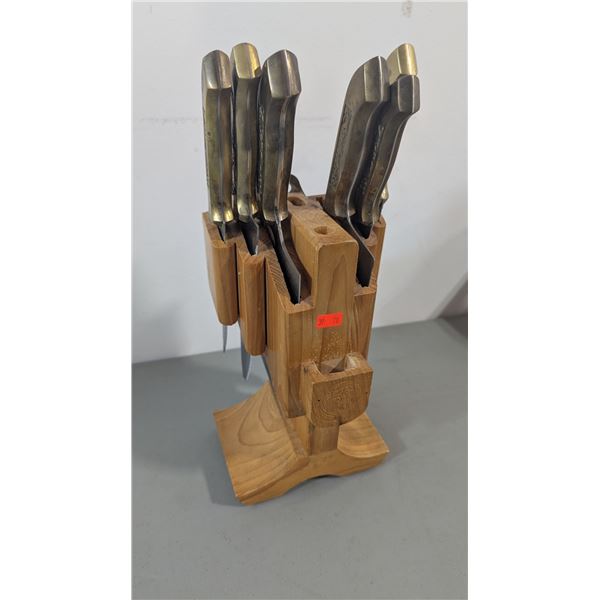 Chinese Kitchen Knife Set w/ Brass-Tone Handles & Wood Block