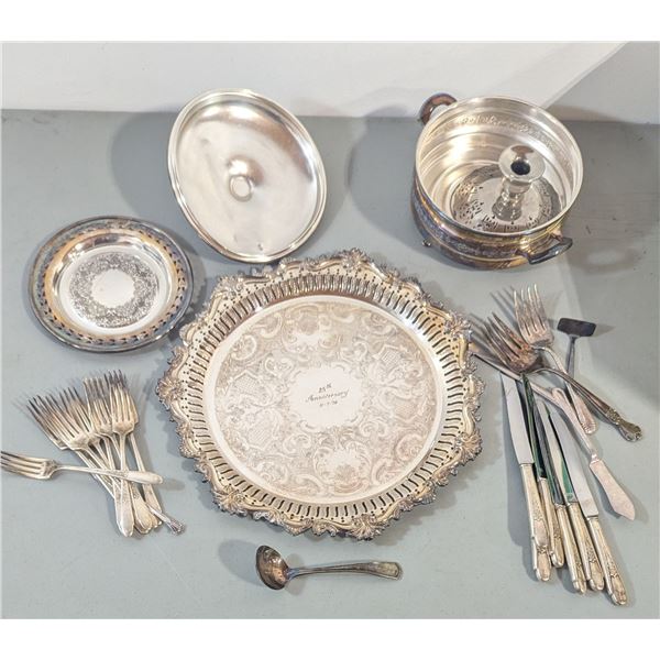 VTG 1970 Serving & Flatware Lot - 25th Anniversary Tray & More