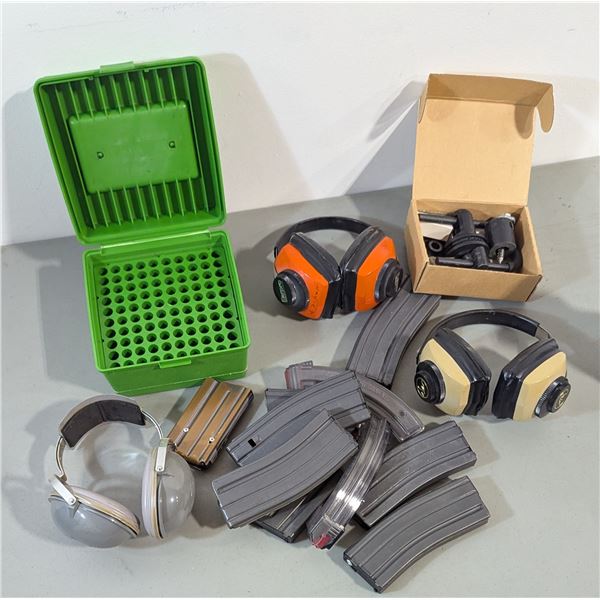 Shooting Accessories Lot - Empty Rifle Magazines, Hearing Protection & More